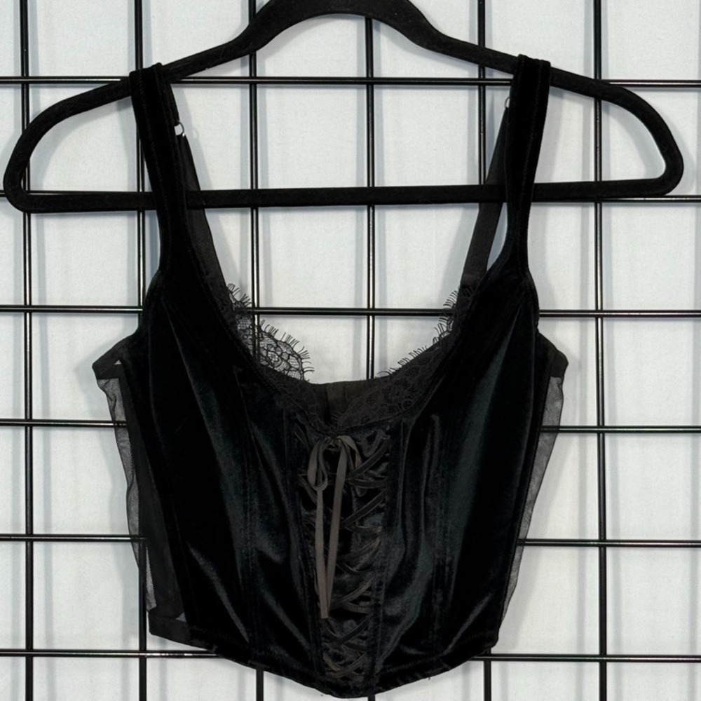 Victoria's Secret Dream Angel Velvet Lace Up‎ Corset Bra Top Small DD Black